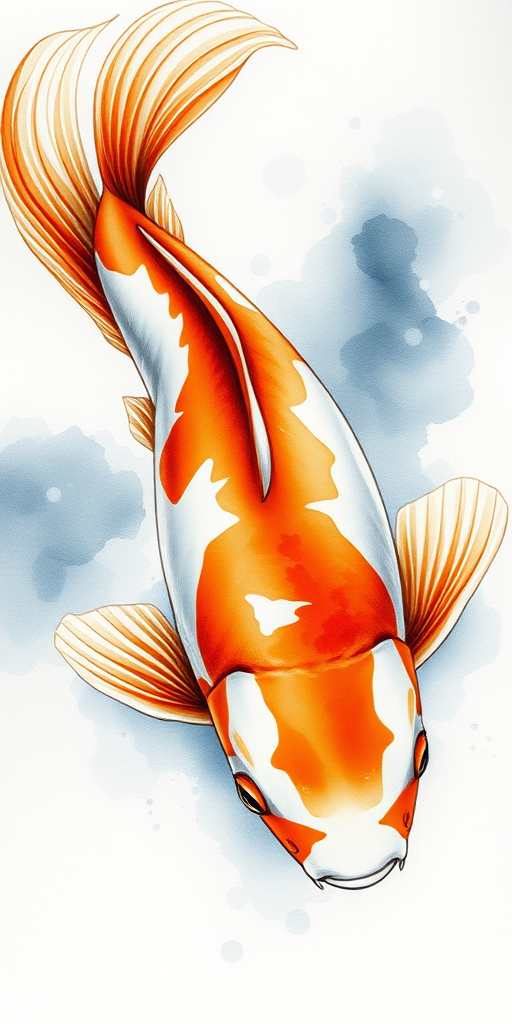Create a detailed watercolor illustration of an orange and white koi fish swimming gracefully with flowing fins, using a Canon EOS R5 camera, f/4 aperture, 50mm lens, ISO 200, in natural light to enhance colors and textures.