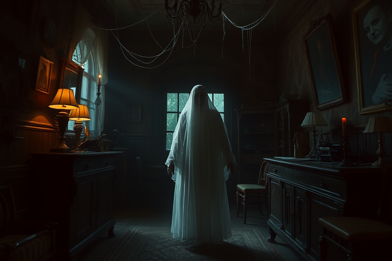 create a ghostly figure in a dimly lit haunted room with cobwebs and vintage decor, soft focus, f/2.8 aperture, 50mm lens, ISO 800, low angle view, cinematic lighting
