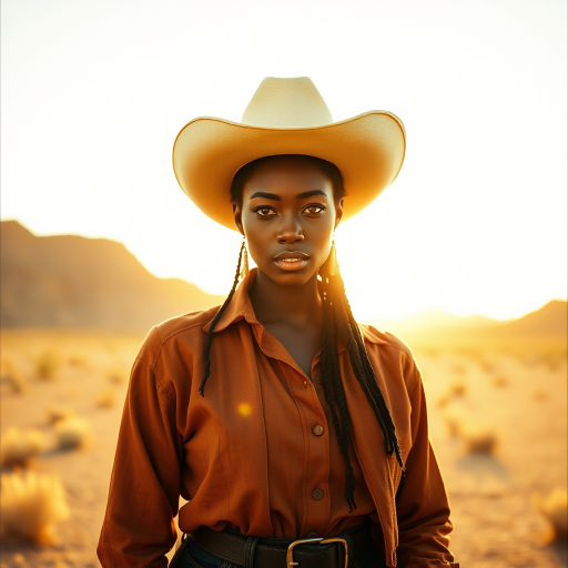 Dramatic photo of a beautiful Afro-Caribbean woman, classic cowboy attire, confident and free spirit expression, half-length portrait, centered, golden hour desert landscape, warm, diffused light, low angle, medium format film camera, in style of Annie Leibovitz.