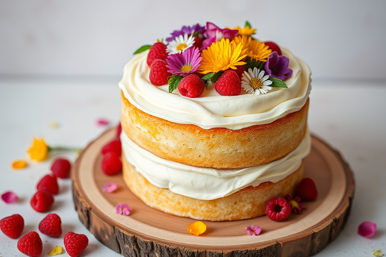 A beautifully decorated two-layer cake with creamy frosting topped with colorful edible flowers and fresh raspberries on a wooden platter with some scattered raspberries and flower petals around it against a soft background.