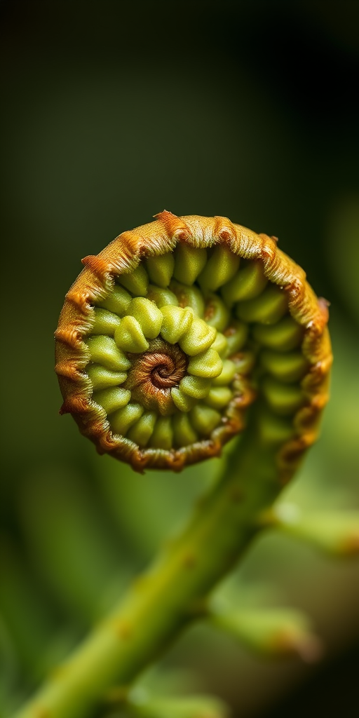 macro shot of a fern frond unfurling with intricate details and textures, shallow depth of field, soft natural lighting, captured with a Canon EOS 5D Mark IV, 100mm f/2.8L macro lens, ISO 200, f/2.8, 1/200s, focus on the curled tip of the fern