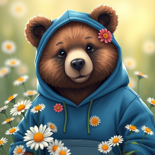 Create a high-resolution illustration of a bear wearing a blue hoodie adorned with flowers, surrounded by daisies, using a Canon EOS R5 with a 50mm f/1.8 lens, at an aperture of f/2.8, natural light, portrait orientation, soft focus background.