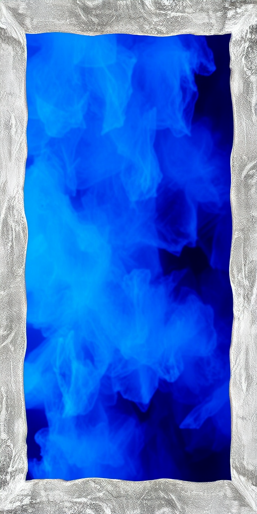 Create an abstract image with a vibrant blue background framed with a textured silver border, captured with a DSLR camera at f/8 aperture, 1/125 shutter speed, ISO 200, with a wide-angle lens and a high resolution for optimal clarity.