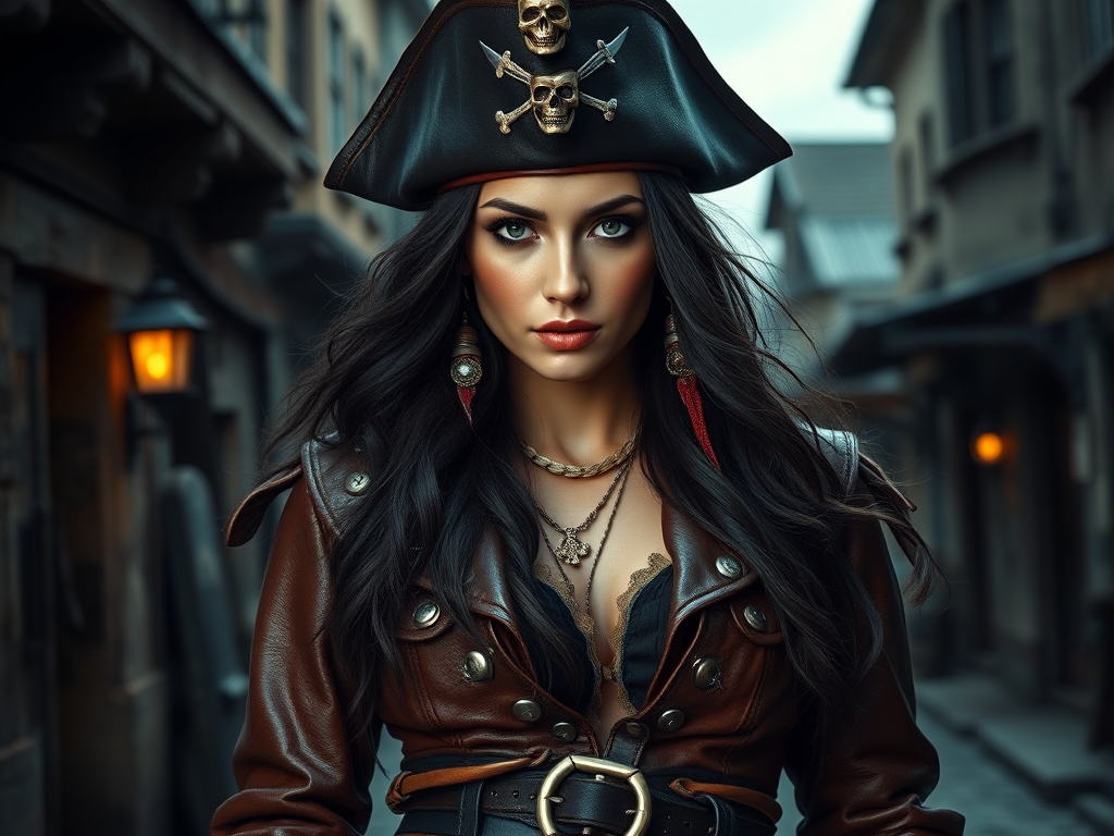 Create a portrait of a fierce female pirate. She wears a leather tricorn hat adorned with a skull and crossbones emblem, and her long, dark hair flows around her face. Her outfit consists of a richly detailed leather jacket, a corset, and multiple layers of belts and accessories, giving her a formidable and stylish appearance. She stands confidently in a dimly lit, historic port town, with a backdrop of weathered buildings and cobblestone streets, capturing the adventurous spirit of a pirate.