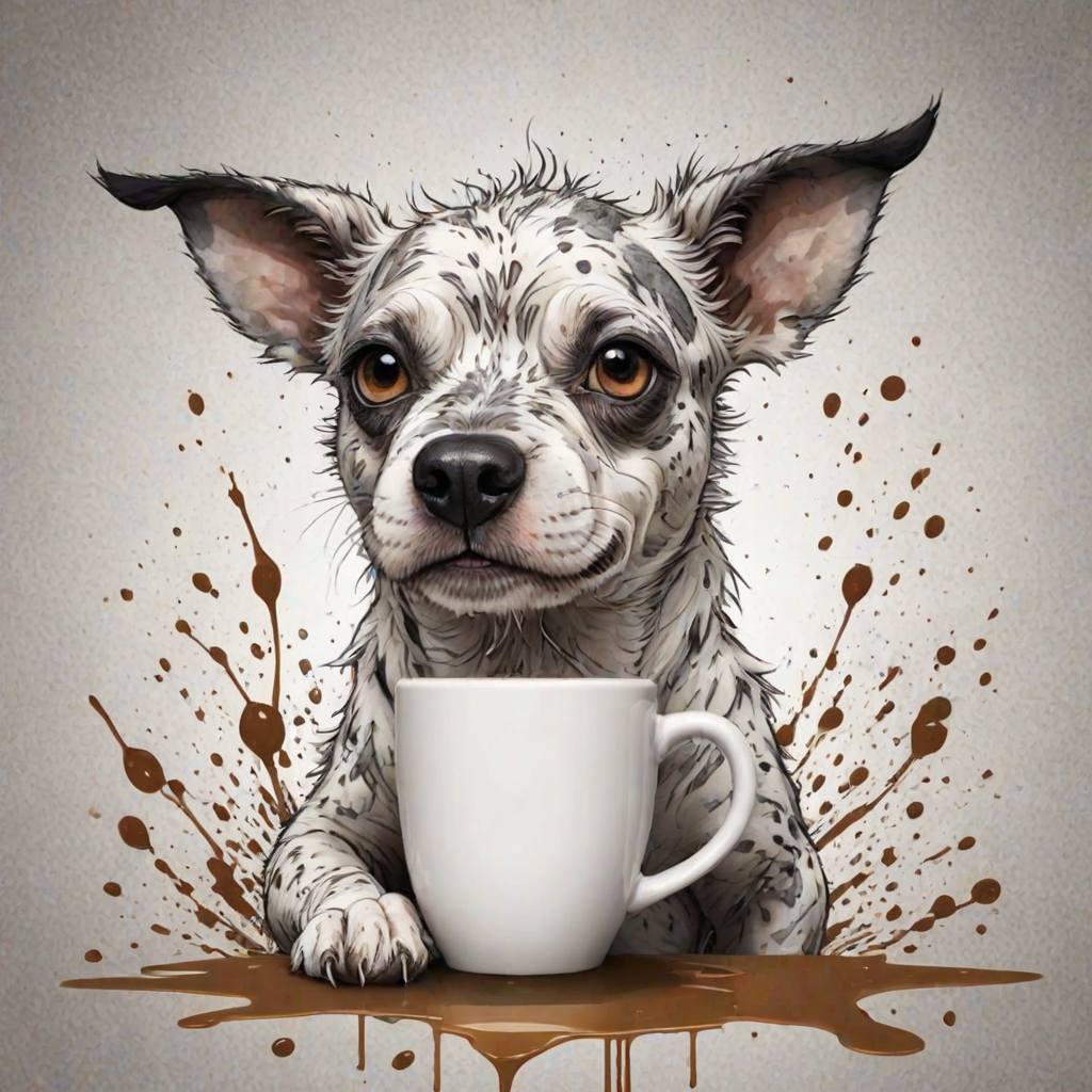 A quirky, artistic illustration of a disheveled bull arab dog breed with exaggerated, large eyes and spiky fur, holding a coffee mug that reads "Good Morning". The dog has a tired but humorous expression, with ink splatters and abstract details surrounding it, giving a whimsical feel to the image. The color palette is mostly monochrome with hints of white in the eyes and steam rising from the mug, enhancing the overall sleepy vibe