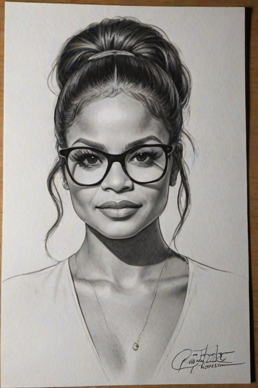 Elegant Christina Milian, pencil sketch, portrait of Ravishing woman 1979s in glasses, hair style beatnik, outline, clear lines, fine lines, 8k