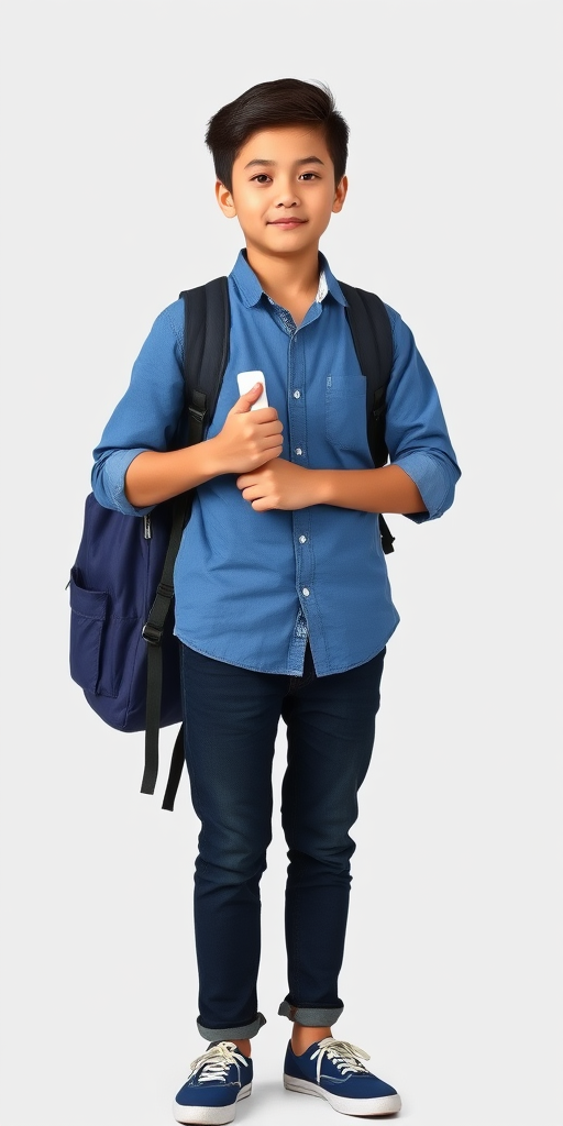 A young person with no facial features standing confidently, wearing a blue shirt with rolled-up sleeves, holding a white object, and carrying a dark blue backpack, shot with a Canon EOS R5, aperture f/2.8, ISO 100, 50mm focal length, in a portrait mode against a plain background.