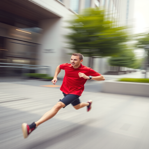 Create an animated sequence of a man in a red shirt running, showcasing motion blur, photographed with a DSLR camera at f/8, ISO 100, 1/500 sec shutter speed, using a wide-angle lens to capture dynamic movement.