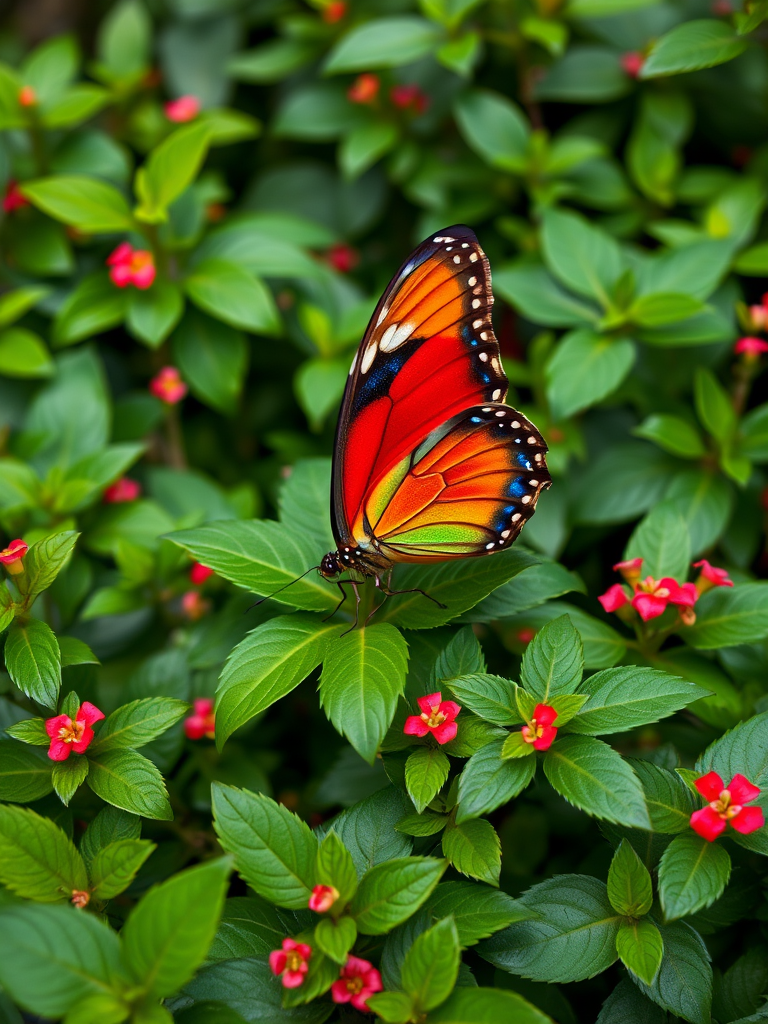 Generate an image of a butterfly with vibrant red and green wings resting on lush green leaves, surrounded by small red flowers in a natural setting. The butterfly should be detailed and colorful, showcasing its intricate patterns, while the background features rich foliage to create a serene atmosphere.