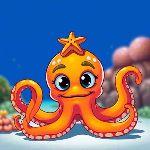 Generate a vibrant cartoon-style octopus character with exaggerated facial features and a starfish on its head, using a Canon EOS R5, 50mm lens, f/2.8 aperture, 1/200 sec shutter speed, and bright, playful colors.