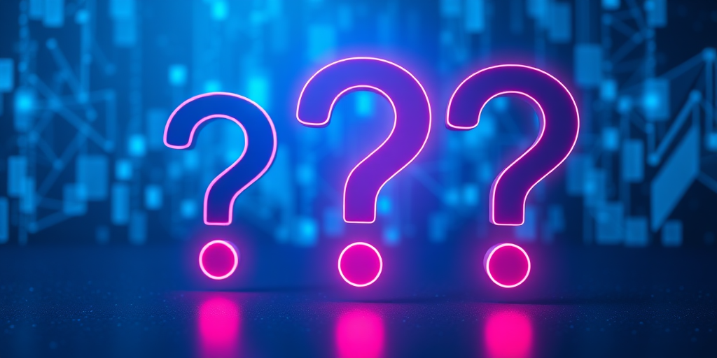 Create an image of three glowing question marks in a futuristic blue digital background, using a DSLR camera with a 50mm lens, aperture f/1.8, ISO 200, and a 1000 shutter speed for enhanced clarity and detail.