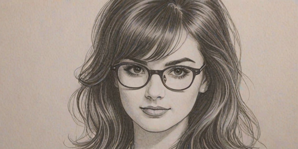 Charming Rebecca Black, pencil sketch, portrait of Stunning woman 1977s in glasses, hair style beatnik, outline, clear lines, fine lines, 8k