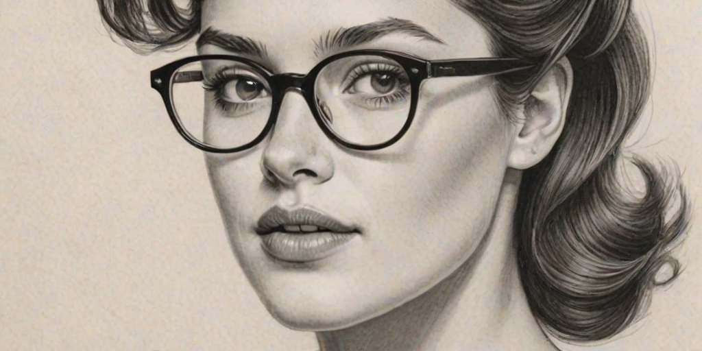 Enchanting Hannah Arterton, pencil sketch, portrait of Exquisite woman 1954s in glasses, hair style beatnik, outline, clear lines, fine lines, 8k
