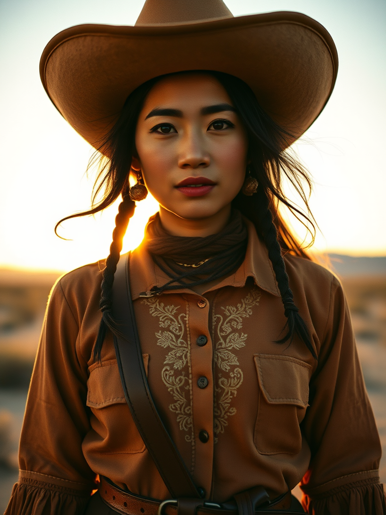 Dramatic photo of a beautiful Hmong woman, classic cowboy attire, confident and free spirit expression, half-length portrait, centered, golden hour desert landscape, warm, diffused light, low angle, medium format film camera, in style of Annie Leibovitz.