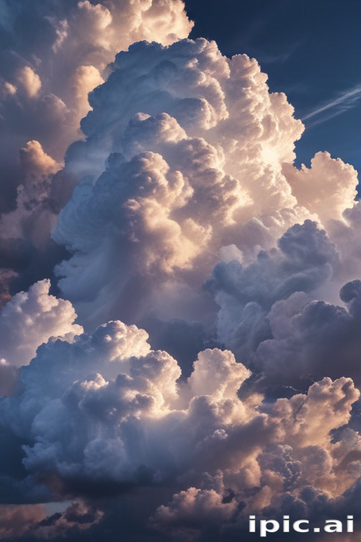 Majestic Clouds Towering in the Sky, Illuminated by Golden Sunset Light
