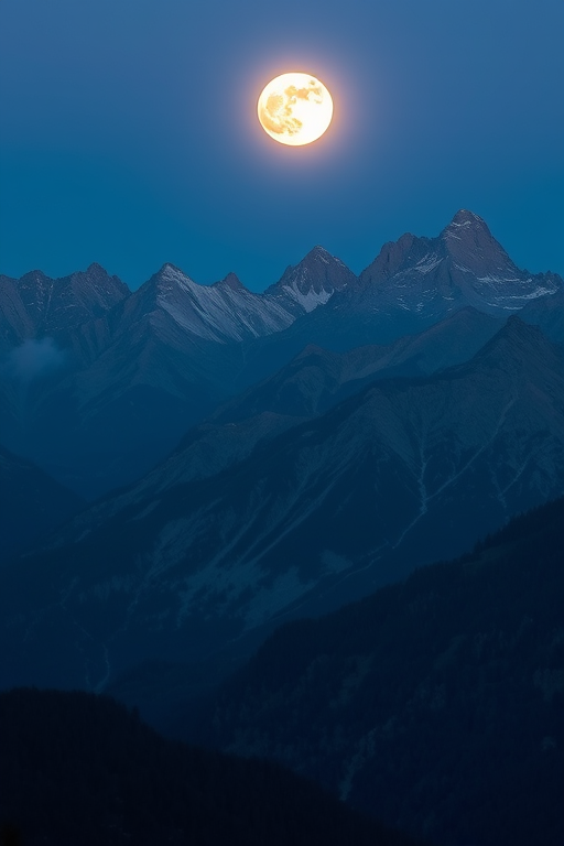 Regenerate a high-resolution image of a moonlit mountainous landscape with dramatic peaks and valleys, using a DSLR camera with a 24mm lens at f/8, ISO 200, and a shutter speed of 1/60s, in a wide-angle view, capturing the serene twilight ambiance with soft shadows and mist.