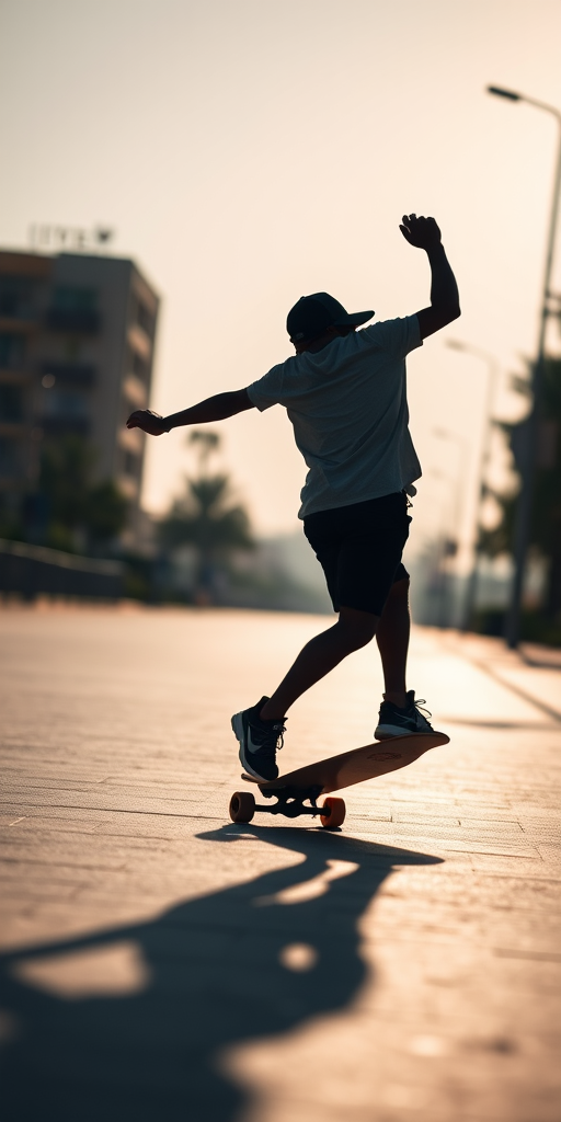 Create a high-resolution image of a stylized silhouette of a person riding a skateboard, taken with a Canon EOS R6, 50mm lens, f/1.8 aperture, ISO 200, in natural daylight, with a dynamic angle view to enhance action and depth.