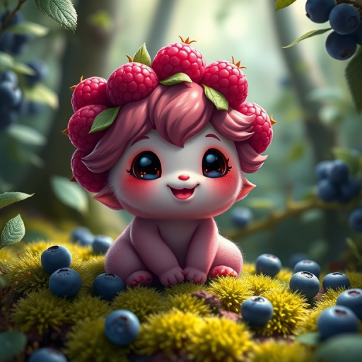 Create a highly detailed digital illustration of an adorable berry-themed creature with raspberry hair and a playful expression, sitting in a lush forest surrounded by moss and blueberries, soft diffused lighting, 50mm lens, f/1.8 aperture, ISO 200, shallow depth of field, captured in high resolution.