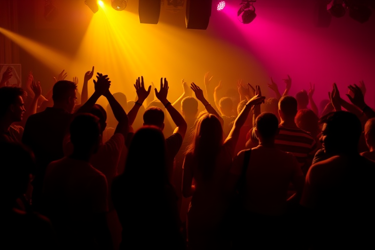 Create a vibrant silhouette image of a lively dance party with a diverse group of people, capturing the energy and excitement, using a DSLR camera at f/2.8 aperture, ISO 400, 1/200s shutter speed, in a wide-angle view to emphasize the crowd, with soft bokeh effects in the background.