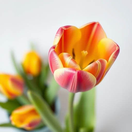 Generate an image of a vibrant pink and yellow tulip on a simple background, shot with a DSLR camera at f/2.8 aperture, 50mm lens, ISO 100, natural lighting with a shallow depth of field to enhance focus on the flower.