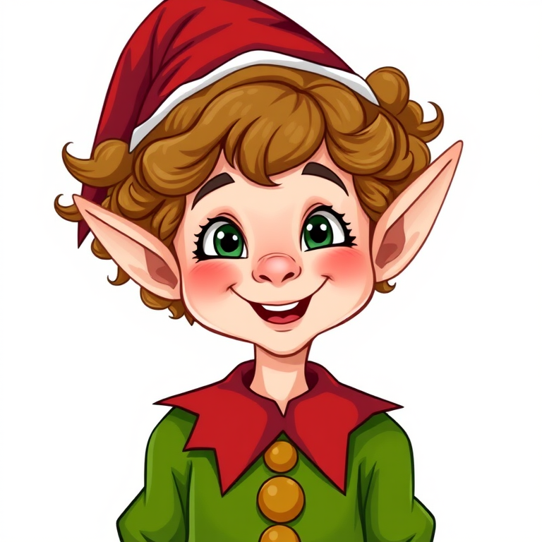 Create a vibrant illustration of a cheerful elf with curly hair, wearing a green outfit with a red collar and hat, set against a simple background, captured with a 50mm lens at f/2.8, ISO 100, in natural light, using a digital illustration style.