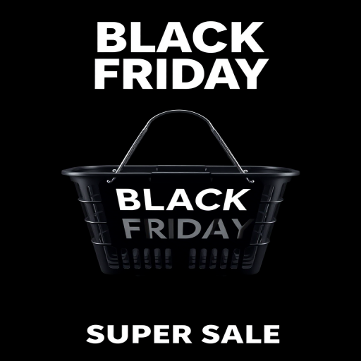 Create a high-resolution image of a shopping basket with a sleek black design on a dark background, featuring bold text that reads "BLACK FRIDAY SUPER SALE," captured with a DSLR camera at f/2.8 aperture, ISO 100, 50mm lens, and softbox lighting for enhanced clarity and detail.
