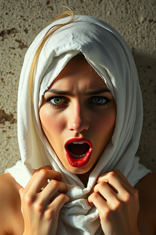 Create a close-up photographic image of a Assyrian woman with light skin tones shown against an old, worn wall. Their head is wrapped in a white cloth covering (i.e.... parts of the head except the nose and mouth, which are open as if they are screaming...), with a slight texture and visible folds in the fabric. Thin strands of blonde hair escape from the wrapping above, falling lightly at the top and sides. Their hands hold the fabric as if they are tugging nervously. The lighting is dramatic and even, casting strong shadows. The image has a minimalist and surreal style with an emphasis on simplicity with soft color tones. The composition is centered.