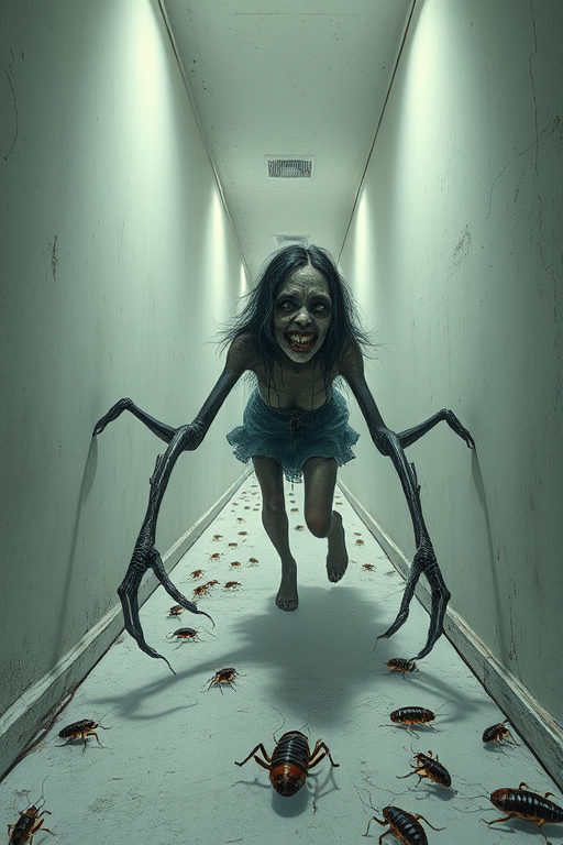 a crooked female with long arms and a creepy smile is crawling along a long white corridor and you can also see cockroaches in it there is a creepy atmosphere creepy art style