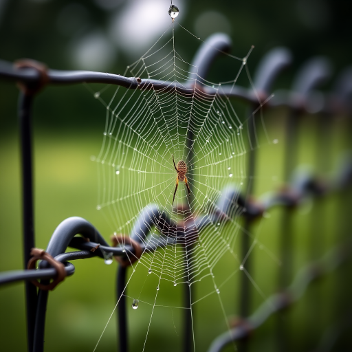 macro shot of a spider web with dewdrops on a fence, natural bokeh background, f/2.8 aperture, ISO 200, shutter speed 1/200s, taken with a DSLR camera using a 100mm macro lens