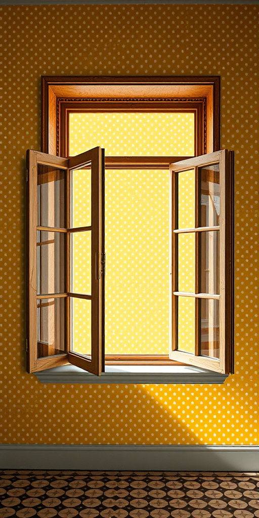 Create an interior view of a room featuring an open window with wooden frames on a colorful polka-dotted yellow wall and a patterned floor, using a DSLR camera at f/8, ISO 100, and 24mm lens with a wide-angle perspective.