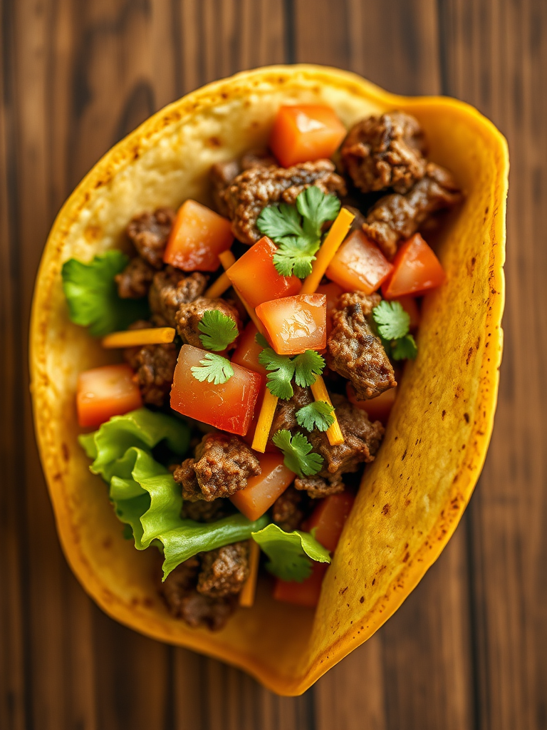 Create a high-resolution image of a taco filled with beef, lettuce, tomatoes, and cheese, shot with a Canon EOS R5 at f/2.8, ISO 100, 50mm lens, overhead view, vibrant and saturated colors, soft shadowing for depth.