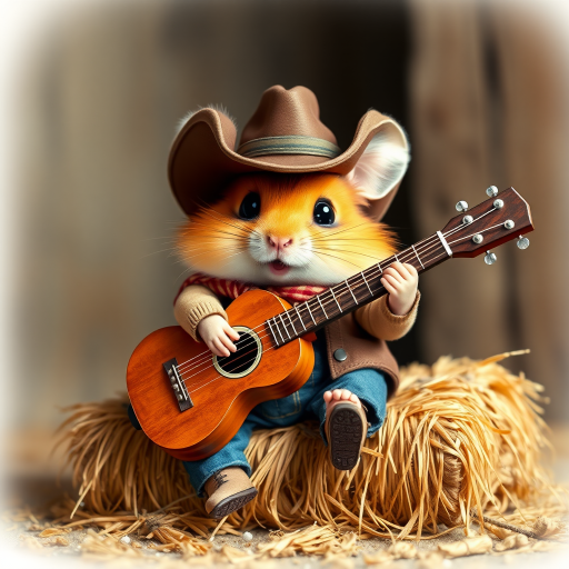 A chibi hamster, dressed as a cowboy, playing guitar, sitting on a hay bale