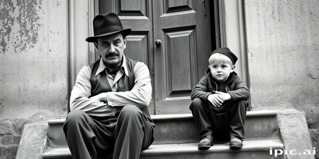 A black-and-white photograph of a man and a child sitting on steps in front of a doorway. The man is dressed as a tramp with a bowler hat, mustache, and ragged clothes, reminiscent of Charlie Chaplin's iconic look. He is sitting with his arms crossed and an expression of slight sadness or frustration. Next to him is a young boy, also in worn clothes and a cap, sitting with his hands clasped, looking thoughtful. The background is an old, textured wall and a partially open door, creating a vintage, early 20th-century atmosphere.