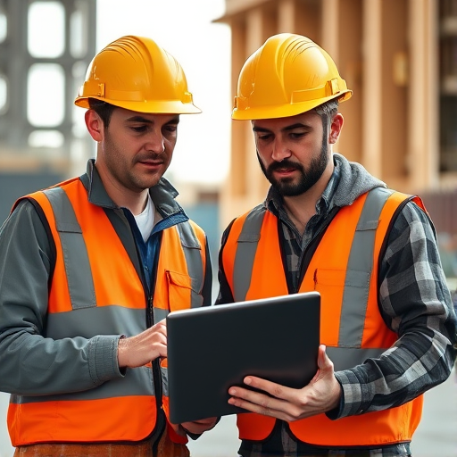 Generate a high-resolution image of two construction workers in safety gear discussing a laptop, using a Canon EOS R5 camera, 50mm lens, aperture f/2.8, shutter speed 1/250s, and ISO 400, shot from eye level with a natural light setting to emphasize facial expressions and details in the environment.