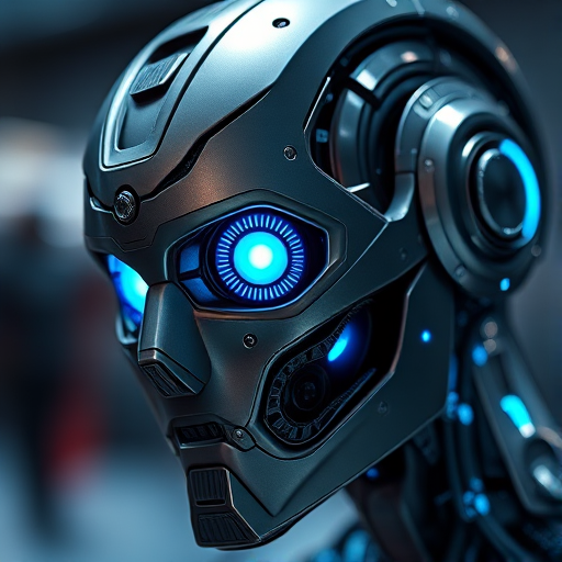 Generate a realistic close-up image of a futuristic robot head with glowing blue eyes and intricate metallic details, captured with a Canon EOS R5, f/1.8 aperture, 50mm lens, ISO 100, with a soft bokeh background and dramatic lighting to enhance the visual depth.