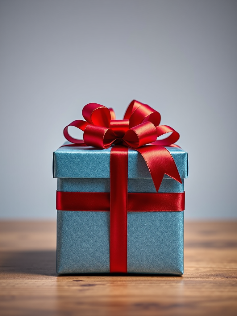create an image of a beautifully wrapped gift box with a shiny red ribbon and bow on top, high resolution 300 dpi, shot with a Canon EOS 5D Mark IV, 50mm lens, f/1.8 aperture, soft focus background, studio lighting