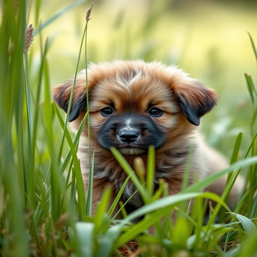 A fluffy puppy sitting among tall green grass in a natural setting, captured with a Canon EOS R5, 50mm lens, f/1.8 aperture, ISO 100, 1/200 sec shutter speed, shallow depth of field, soft natural lighting, focus on the puppy with a slightly blurred background.