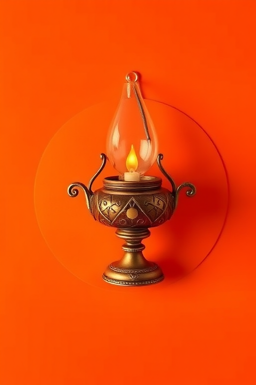 Create a high-resolution image of a decorative oil lamp centered on a vibrant orange circular background, using a DSLR camera with an aperture of f/2.8, ISO 100, and a focal length of 50mm, ensuring soft focus effects around the edges for depth.