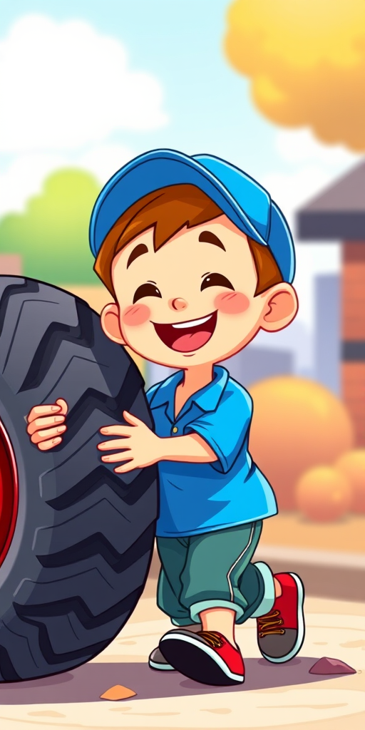 Create a vibrant illustration of a cheerful cartoon boy in a blue shirt and cap joyfully pushing a large tire, using a high-resolution digital art style, with sharp detail and bright colors, captured in a wide-angle view to enhance depth, mimicking a Canon EOS 5D Mark IV settings with f/2.8 aperture and 50mm lens.