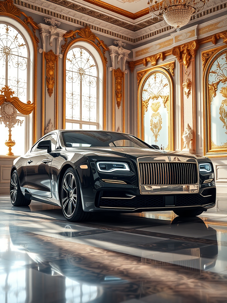 High-resolution image of a luxury car parked in an opulent, well-lit room with intricate gold details, soft sunlight streaming through large windows, ISO 200, f/8, 1/60s, wide-angle view, DSLR style.