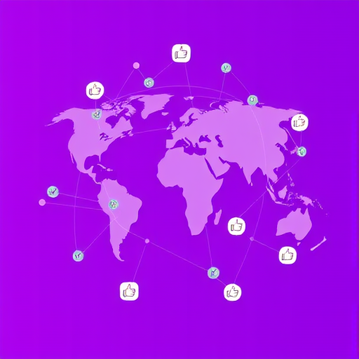 Create a high-quality vector illustration of a global network with abstract figures representing people and connections, using a vibrant purple background, incorporating check marks and thumbs up icons to signify approval, captured with a Canon EOS R5 at f/8, ISO 100, 50mm lens for sharpness and clarity, in a flat design style.