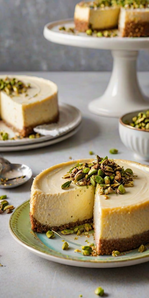 Generate an image of a delicious cheesecake with a rich, creamy texture topped with crushed pistachios. The cheesecake should have a slice cut out, revealing its layers, and be drizzled with honey. Place the whole cheesecake on a colorful plate in the background. The setting should be a light, inviting kitchen countertop.