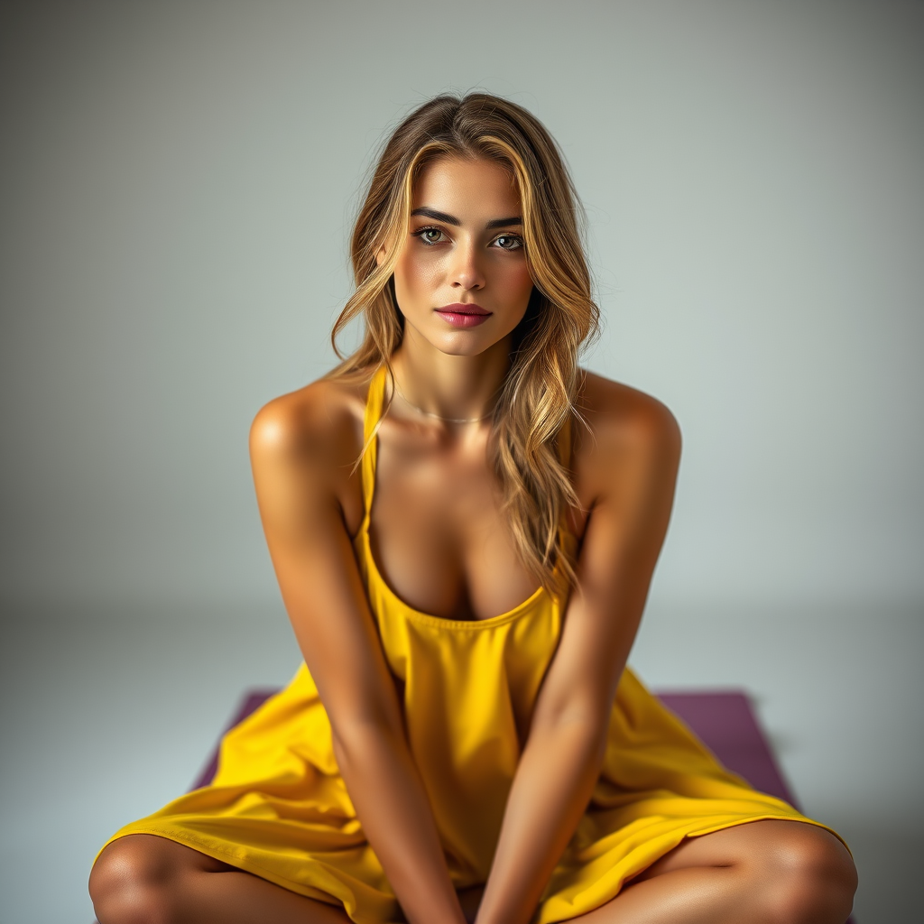 Resplendent photo of woman:caucasian:0.4, highlight hair, wearing Banana dress, sitting on Yoga mat, rim lighting, studio lighting, looking at the camera, dslr, ultra quality, sharp focus, tack sharp, dof, film grain, Fujifilm XT3, crystal clear, 8K UHD, highly detailed glossy eyes, high detailed skin, skin pores