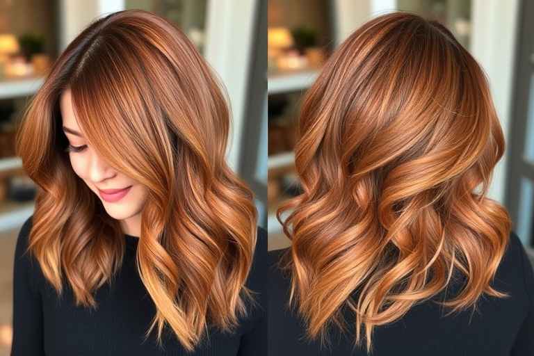 Warm cinnamon and ginger tones blend seamlessly in the "Spiced Amber" hairstyle. The shoulder-length cut features soft layers and side-swept bangs, styled in bouncy, voluminous curls. Copper and bronze highlights add depth and dimension, creating a rich, multi-tonal look that's perfect for autumn.