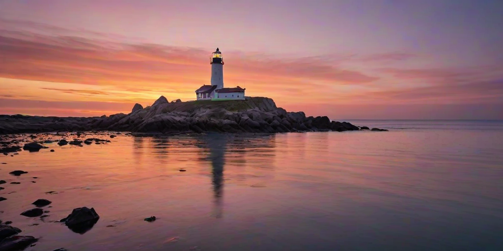 Generate an image of a tall lighthouse perched on a rocky outcrop surrounded by calm ocean waters during a breathtaking sunset. The lighthouse stands sturdy and weathered, its stone surface illuminated by the warm golden light of the setting sun. The sun's rays pass directly through the glass lantern room at the top of the lighthouse, casting a brilliant light across the scene. The sky is painted with vibrant shades of orange, pink, and purple, reflecting off the tranquil sea. The surrounding water shimmers with the same warm hues, creating a serene and majestic atmosphere.