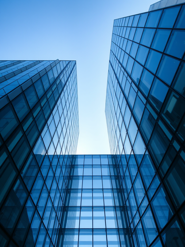 modern glass building architecture, clear blue sky, sharp focus, 24mm lens, f/8 aperture, ISO 100, natural light, HDR style, wide-angle view, digital mirrorless camera, high resolution