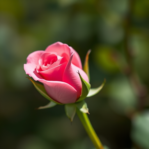 close-up of a pink rose bud with a green stem in soft focus background, aperture f/2.8, shutter speed 1/200s, ISO 100, macro lens, natural sunlight, DSLR camera