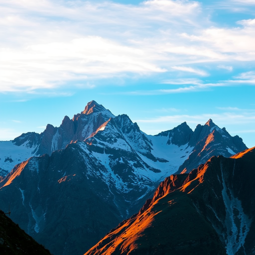 Capture a dramatic mountain landscape during golden hour with a DSLR camera, 50mm lens, f/4 aperture, ISO 100, 1/200s shutter speed, using a wide-angle view to emphasize the towering snow-covered peaks and clear blue sky.