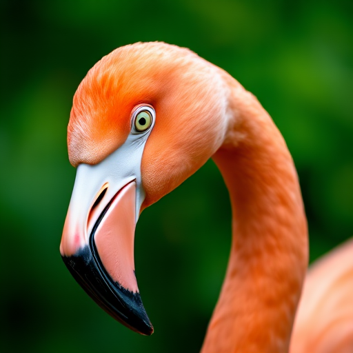 Flamingo portrait with vibrant green background, ISO 100, f/4.0, 1/500 sec, 85mm lens, macro photography, DSLR camera, natural lighting.