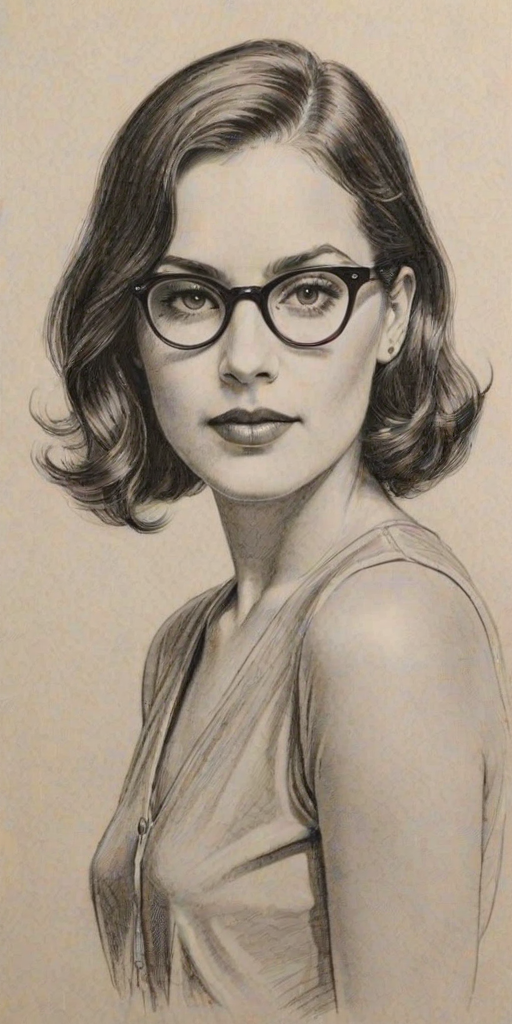 Attractive Sophie Winkleman, pencil sketch, portrait of Ravishing woman 1927s in glasses, hair style beatnik, outline, clear lines, fine lines, 8k